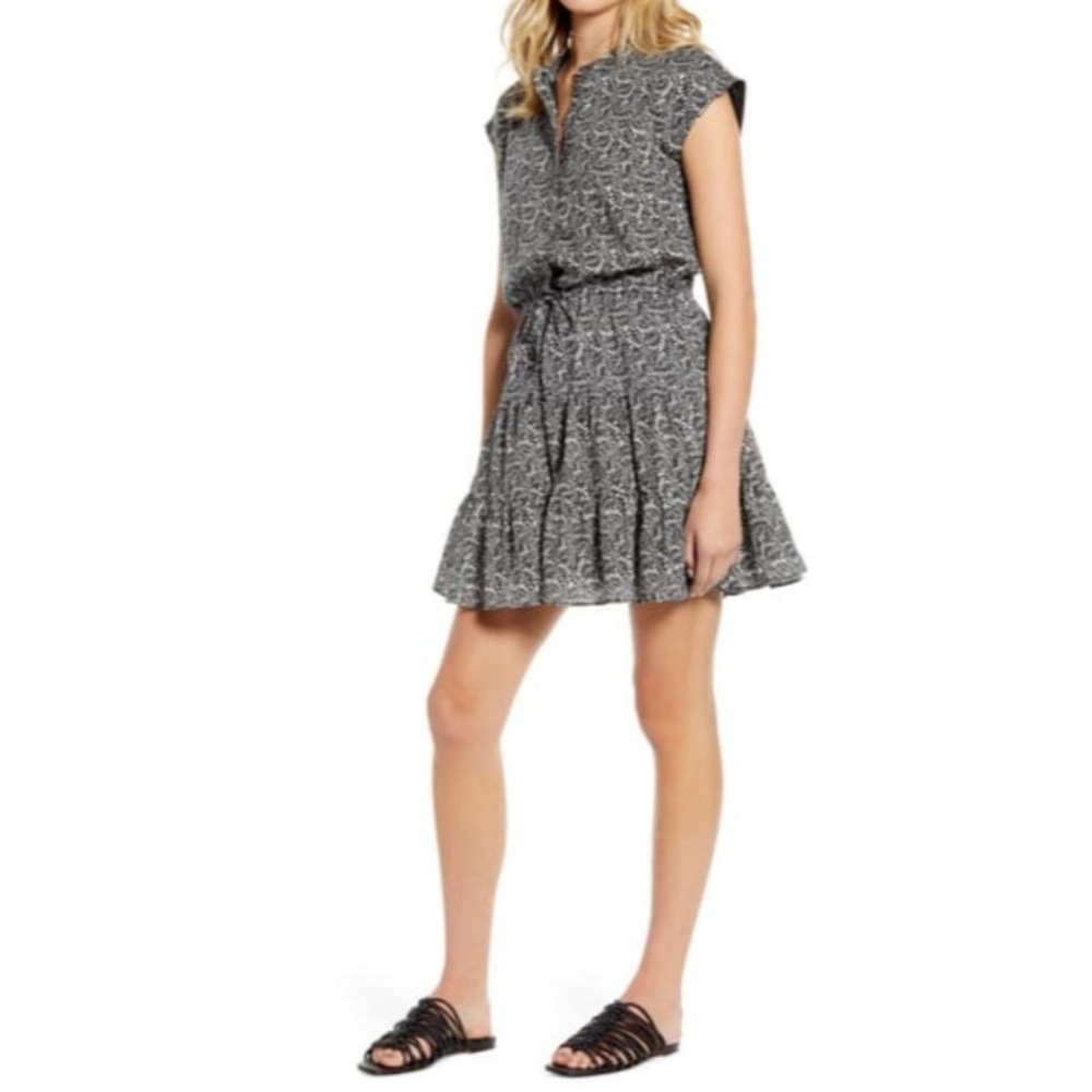 🆕 REBECCA MINKOFF Ollie Black/Cream Botanical Print Tiered Mini Dress SZ S